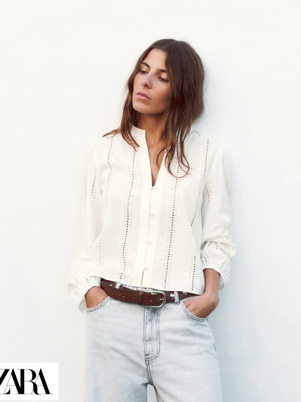Zara 100% Cotton White Eyelet Button-Down Blouse sz XS